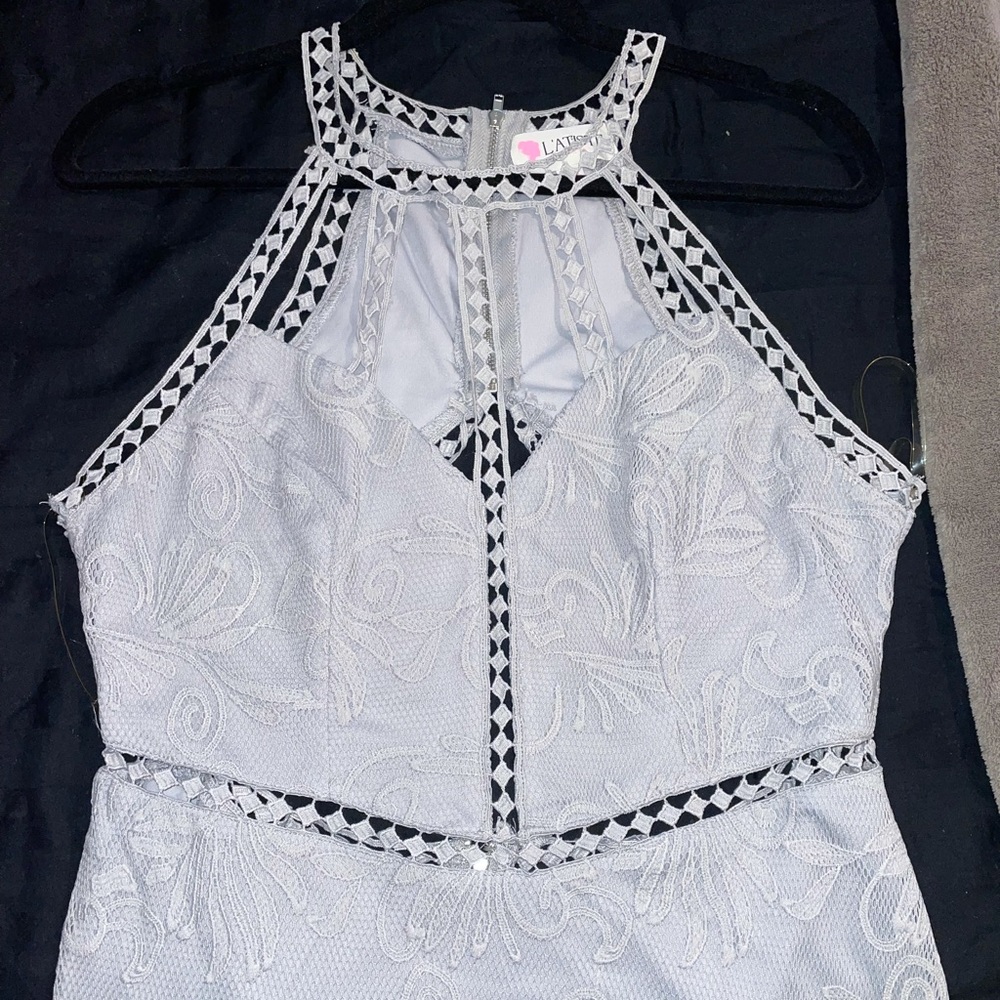 Light gray Strappy Grey Lace Mini Dress